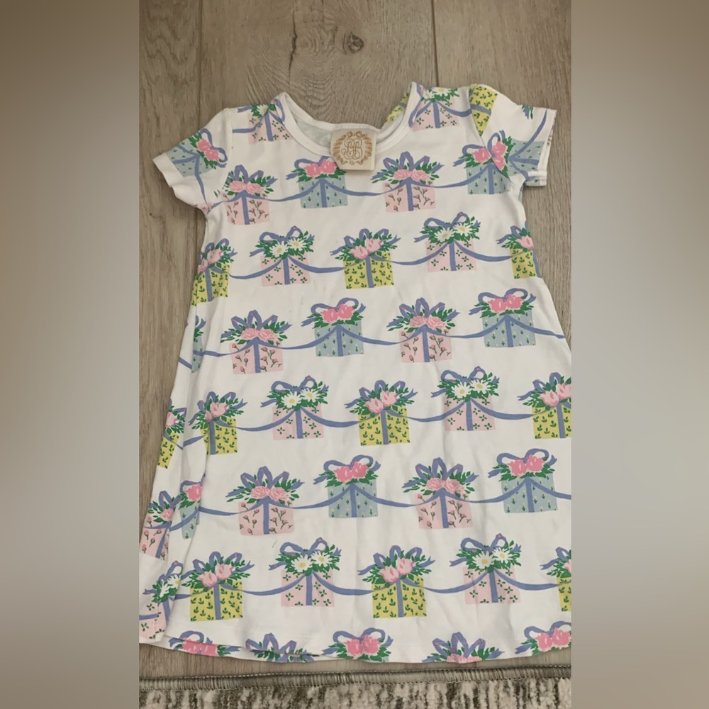 The Beaufort Bonnet Company White Dress with Pink, Green and Blue Gift Print